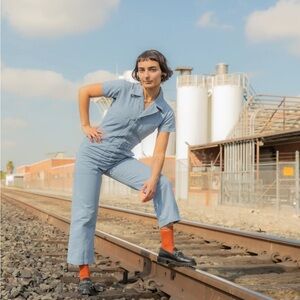 Big Bud Press periwinkle short sleeve Jumpsuit (petite)